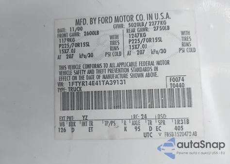 2001 Ford Ranger Edge/Xlt z USA, uszkodzony, nr VIN 1FTYR14E41TA39131